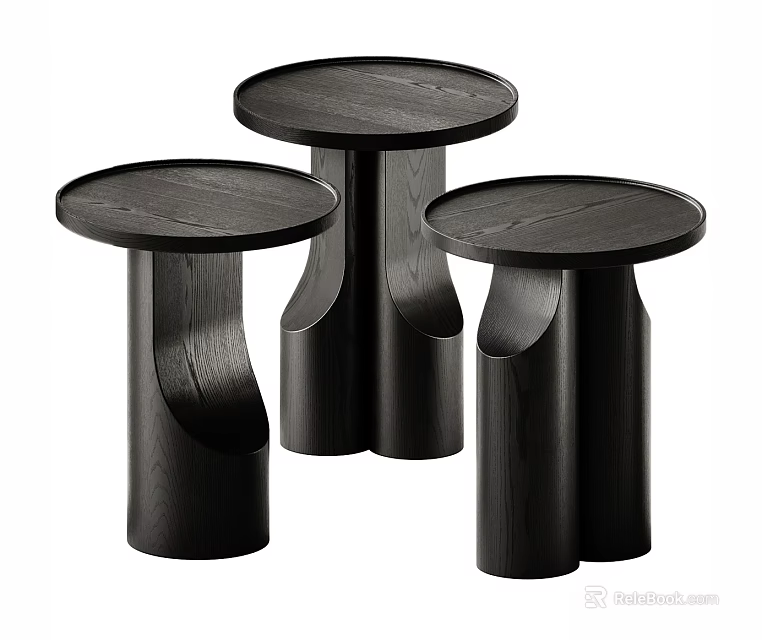 Three Modern Black Wooden Side Tables With Unique Cylindrical Base Design 3d model