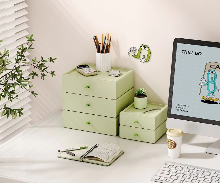 Organized Desk With Green Storage Drawers Colored Pencils Notebook And Potted Plant 3d model 