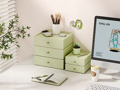 Organized Desk With Green Storage Drawers Colored Pencils Notebook And Potted Plant 3d model