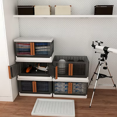 Stacked Storage Boxes With Open Doors Showing Orange And White Items For Home Organization 3d model