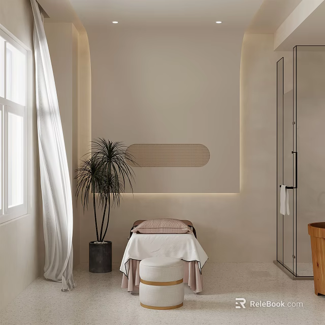 Serene SPA Sauna Interior Design With Massage Table Potted Plant Window Curtains And Glass Door 3d model 