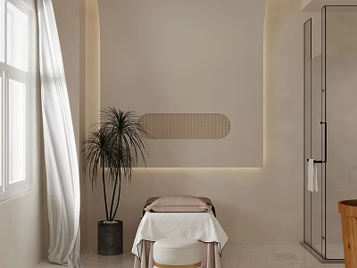Serene SPA Sauna Interior Design With Massage Table Potted Plant Window Curtains And Glass Door 3d model