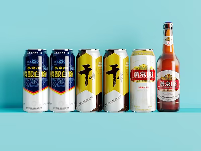 Assorted Beer Cans And Bottle With Colorful Labels On Blue Background 3d model