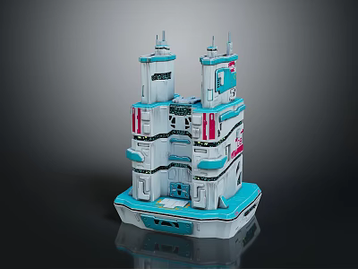 Cartoon Scene With Blue White Multi Layered Building Towers And Pink Accents On Platform Base 3d model