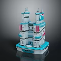 Cartoon Scene With Blue White Multi Layered Building Towers And Pink Accents On Platform Base
