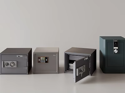Various Styles of Safe Boxes Featuring Electronic Combination Locks and Open Door Storage 3d model