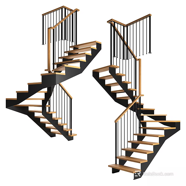Elegant Modern Interior Staircase Design With Wooden Steps And Black Railings 3d model 