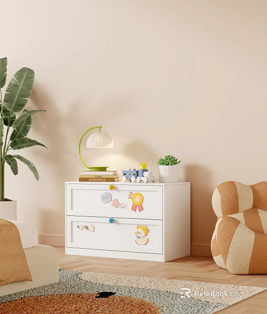 White Dresser With Decorative Stickers Table Lamp Small Toys And Potted Plant In Cozy Bedroom 3d model 