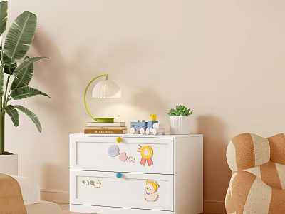 White Dresser With Decorative Stickers Table Lamp Small Toys And Potted Plant In Cozy Bedroom 3d model