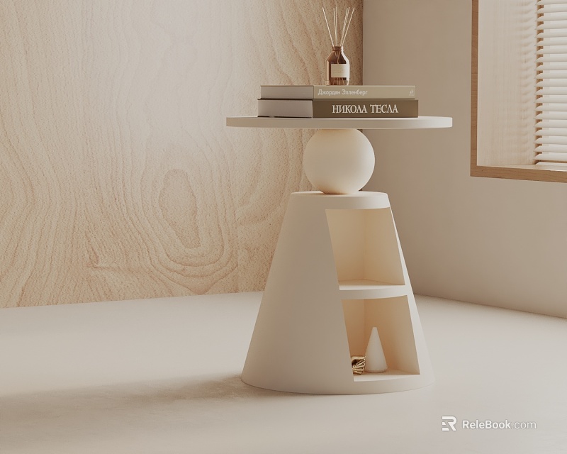 Minimalist Modern Side Table with Conical Base Open Shelf Books Bottle by Wooden Wall Window 3d model 