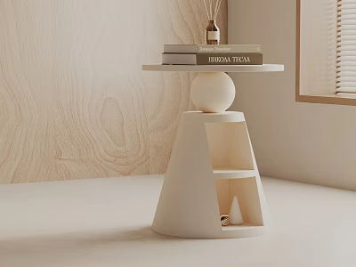 Minimalist Modern Side Table with Conical Base Open Shelf Books Bottle by Wooden Wall Window 3d model