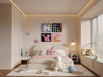 Kids Room Interior With Colorful Wall Art Stuffed Toys Pink White Pillows And Soft Rug 3d model