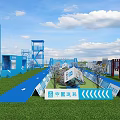 School Playground With Blue Track Green Lawn And Surrounding Buildings