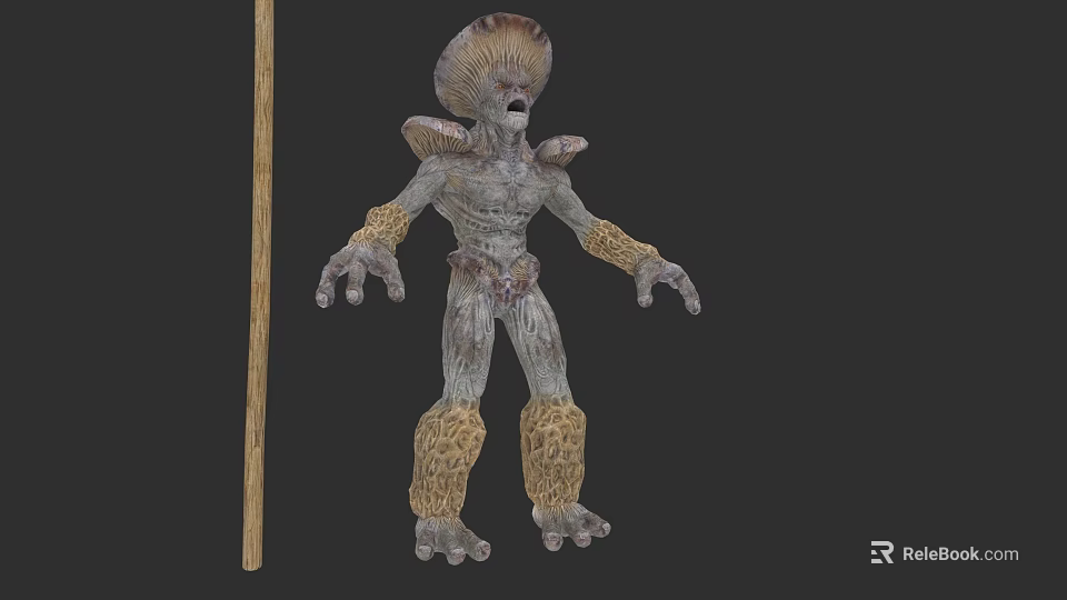 Mythical Fantasy Creature Character With Spiked Head Textured Skin And Furry Legs Holding Wooden Staff 3d model 