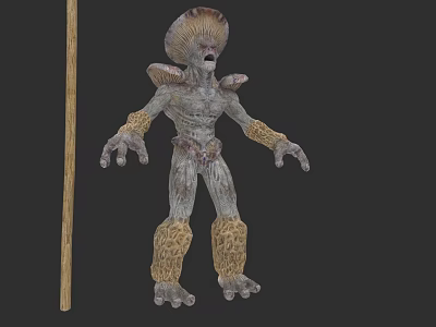 Mythical Fantasy Creature Character With Spiked Head Textured Skin And Furry Legs Holding Wooden Staff 3d model