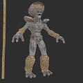 Mythical Fantasy Creature Character With Spiked Head Textured Skin And Furry Legs Holding Wooden Staff