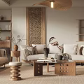 Japanese Living Room With Rattan Pendant Light Beige Sofa Wooden Coffee Table And Woven Rug