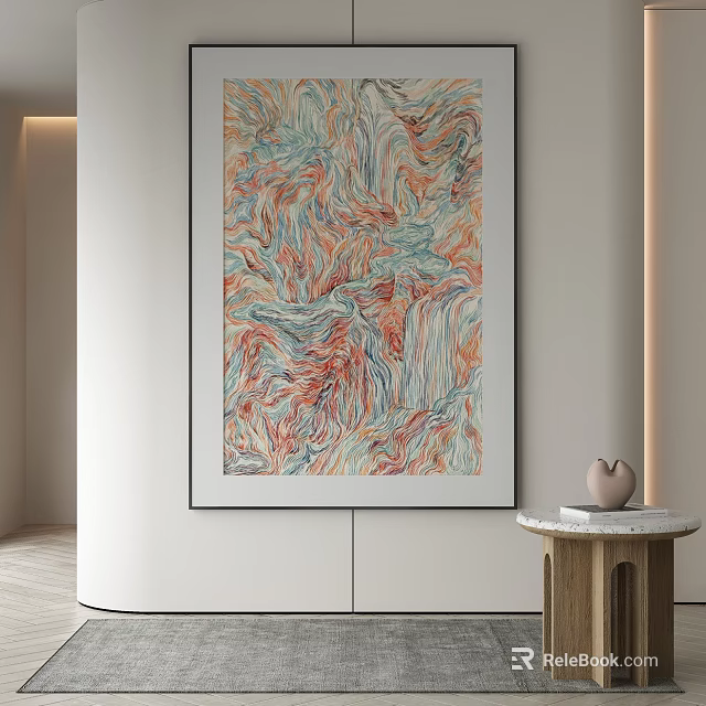 Abstract Painting With Fluid Red Blue Orange Swirls In Modern Interior Decor 3d model 