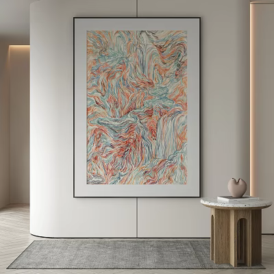 Abstract Painting With Fluid Red Blue Orange Swirls In Modern Interior Decor 3d model