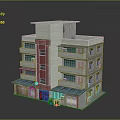 Multi Story Building Model With Red Gray Walls And Blue Awnings Windows Doors