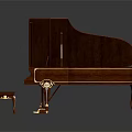 Elegant Brown Wooden Grand Piano With Ornate Details And Matching Stool Musical Instrument