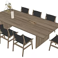 Wooden Dining Table Set With Black Chairs And Decorative Vase On Tabletop