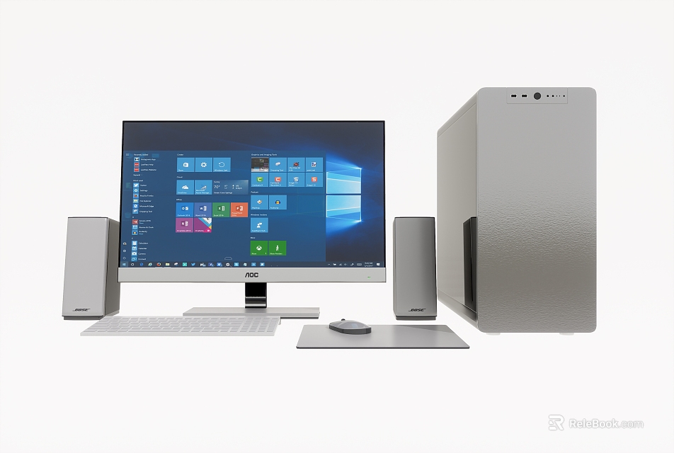 Modern Desktop Computer Setup with Monitor Tower Speakers Keyboard Mouse and Windows Interface 3d model 