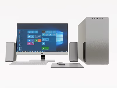 Modern Desktop Computer Setup with Monitor Tower Speakers Keyboard Mouse and Windows Interface 3d model