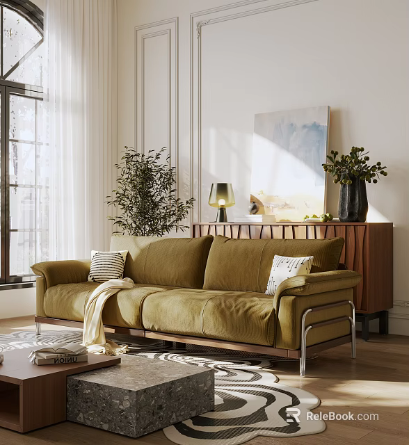 Cozy Green Velvet Sofa And Coffee Table Set With Pillows Throw Blanket And Potted Plant 3d model 