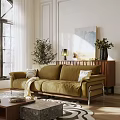 Cozy Green Velvet Sofa And Coffee Table Set With Pillows Throw Blanket And Potted Plant
