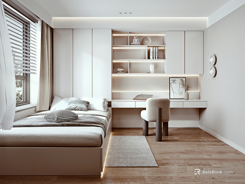 Modern Tatami Bedroom Interior With Tatami Bed White Cabinets Shelves Desk Chair And Wooden Floor 3d model 