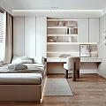 Modern Tatami Bedroom Interior With Tatami Bed White Cabinets Shelves Desk Chair And Wooden Floor