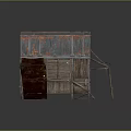 Weathered Wooden House Featuring Rusty Corrugated Iron Roof Cloth Curtain And Wooden Ladder Structure