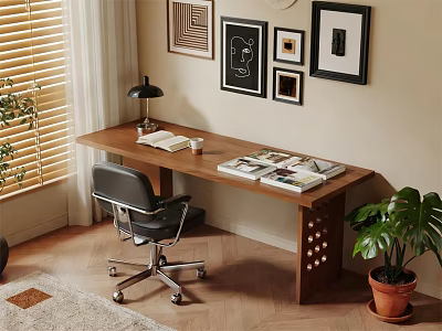 Wooden Desk With Table Lamp Books Magazines Office Chair Decorative Frames And Potted Plant 3d model
