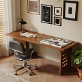 Wooden Desk With Table Lamp Books Magazines Office Chair Decorative Frames And Potted Plant