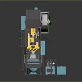 Industrial Heavy Duty Press Machine Featuring Gray Body Blue Components Yellow Warning Signs Safety Railings
