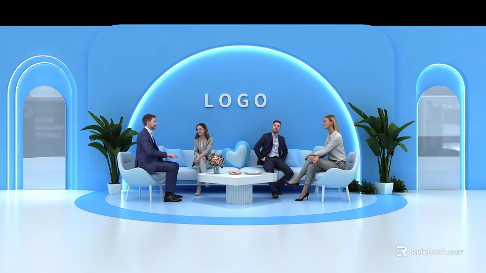 Modern Blue Curved Interior With Logo Four People On White Sofas And Green Plants 3d model 