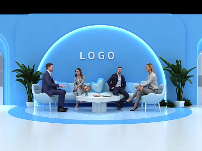 Modern Blue Curved Interior With Logo Four People On White Sofas And Green Plants 3d model