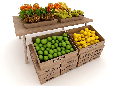 Wooden Display Shelf Showcasing Fresh Fruits Pineapples Bananas Apples Lemons 3d model