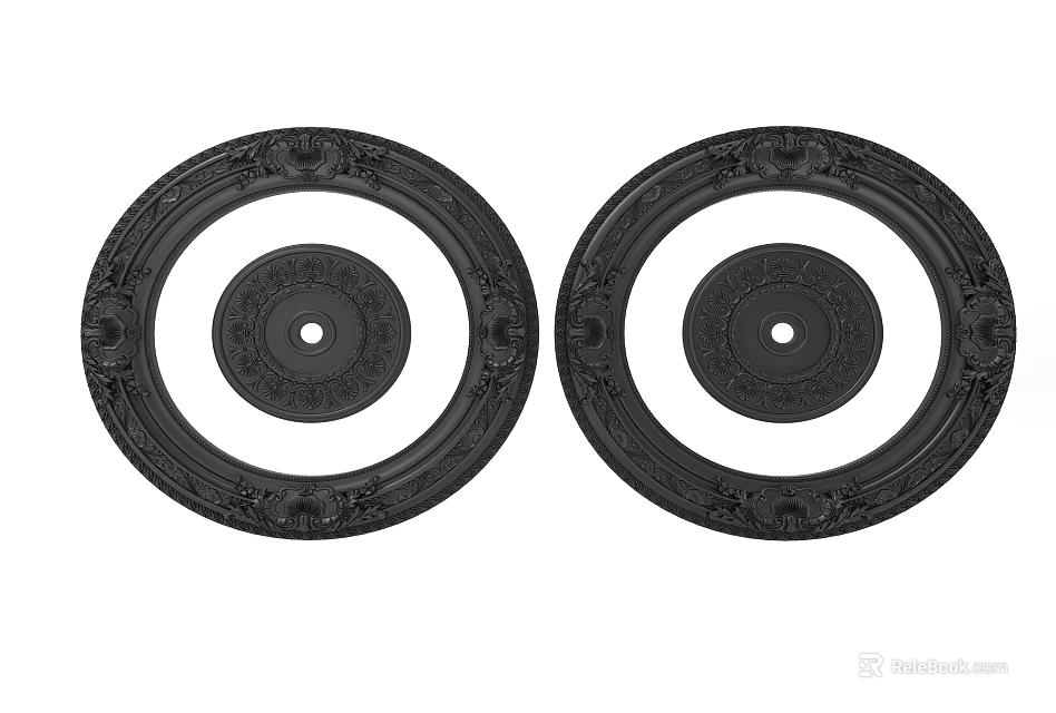 Two Black Round Decorative Ceiling Medallions With Carved Patterns For Lighting Fixtures 3d model 