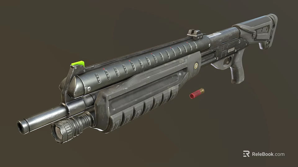 Black Tactical Shotgun With Extended Magazine Barrel Grip And Red Ammunition 3d model 
