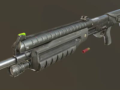 Black Tactical Shotgun With Extended Magazine Barrel Grip And Red Ammunition 3d model