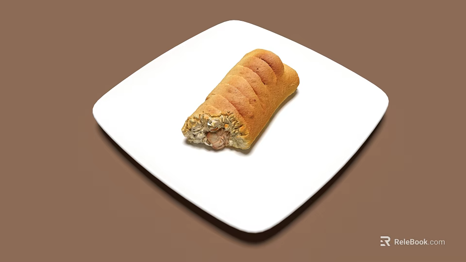 Golden Flaky Sausage Roll on White Square Plate with Savory Filling 3d model 