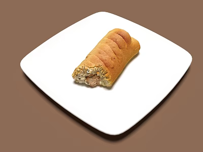 Golden Flaky Sausage Roll on White Square Plate with Savory Filling 3d model