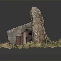 Miniature Stone Structure Model With Grass Base And Red Door Entrance 3d model
