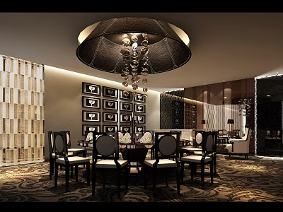 Luxurious Private Dining Room Interior With Chandelier Dining Table Chairs And Decorative Wall Panels 3d model