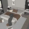 Modern Bedroom Interior With Double Bed Nightstand Table Lamp Framed Pictures And Desk Chair