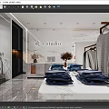 Modern Clothing Store Interior With Folded Blue Clothes Hanging Garments And Marble Countertop