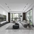 Minimalist Living Dining Room Interior With Grey Sofa Large Windows And Dining Table 3d model