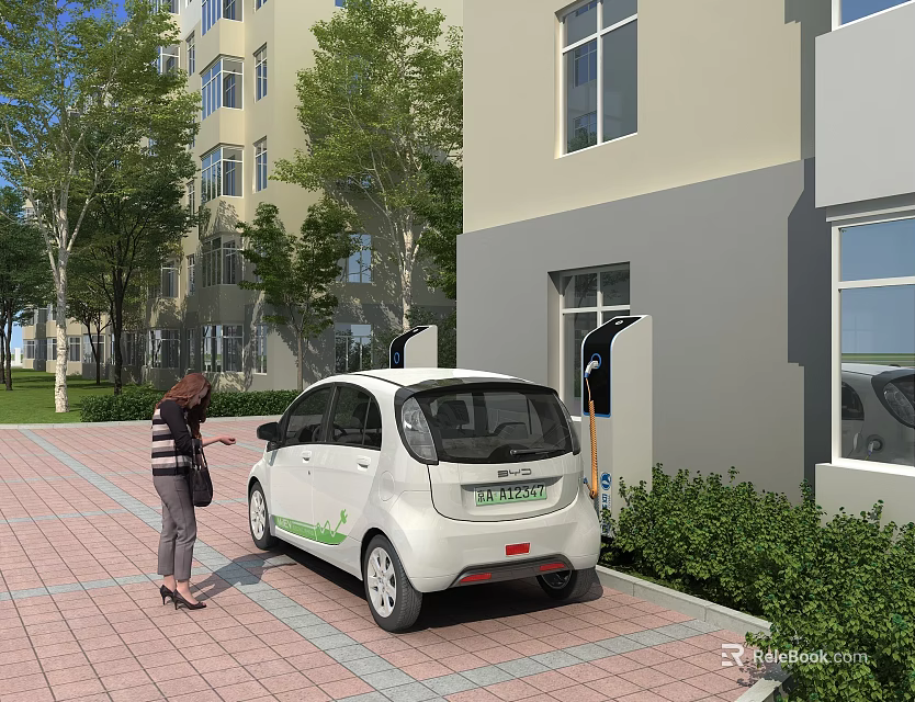 White Small Electric Car Charging at Charging Station With Woman Near Buildings Trees and Greenery 3d model 